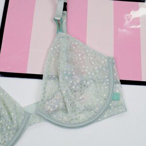 nwt victorias secret sheer mesh metallic stars sexy tee unlined lace demi bra
